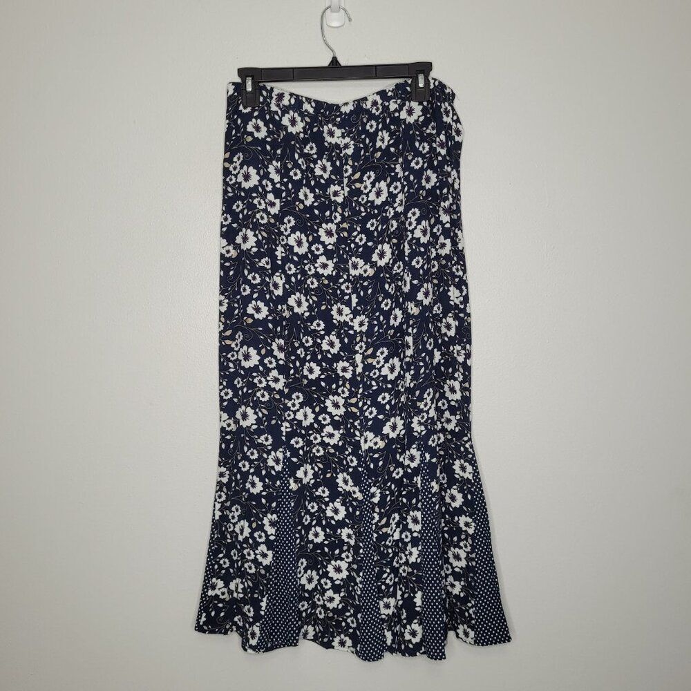 Vintage y2k blue white floral mixed print polka dot trumpet maxi skirt size 10 - Picture 3 of 7